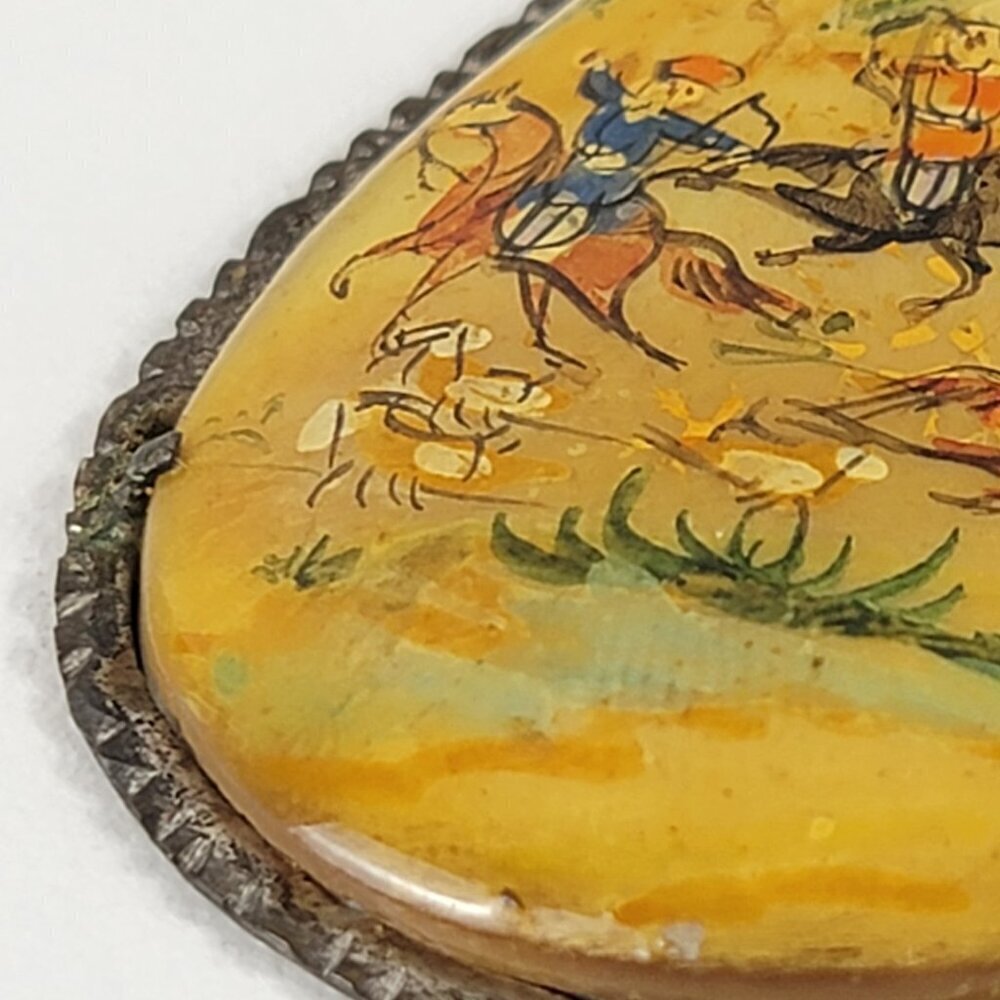 Vtg. Persian Polo Horses Hand Painted Mother Pearl Teadrop Pendant Necklace 18" - Picture 7 of 14